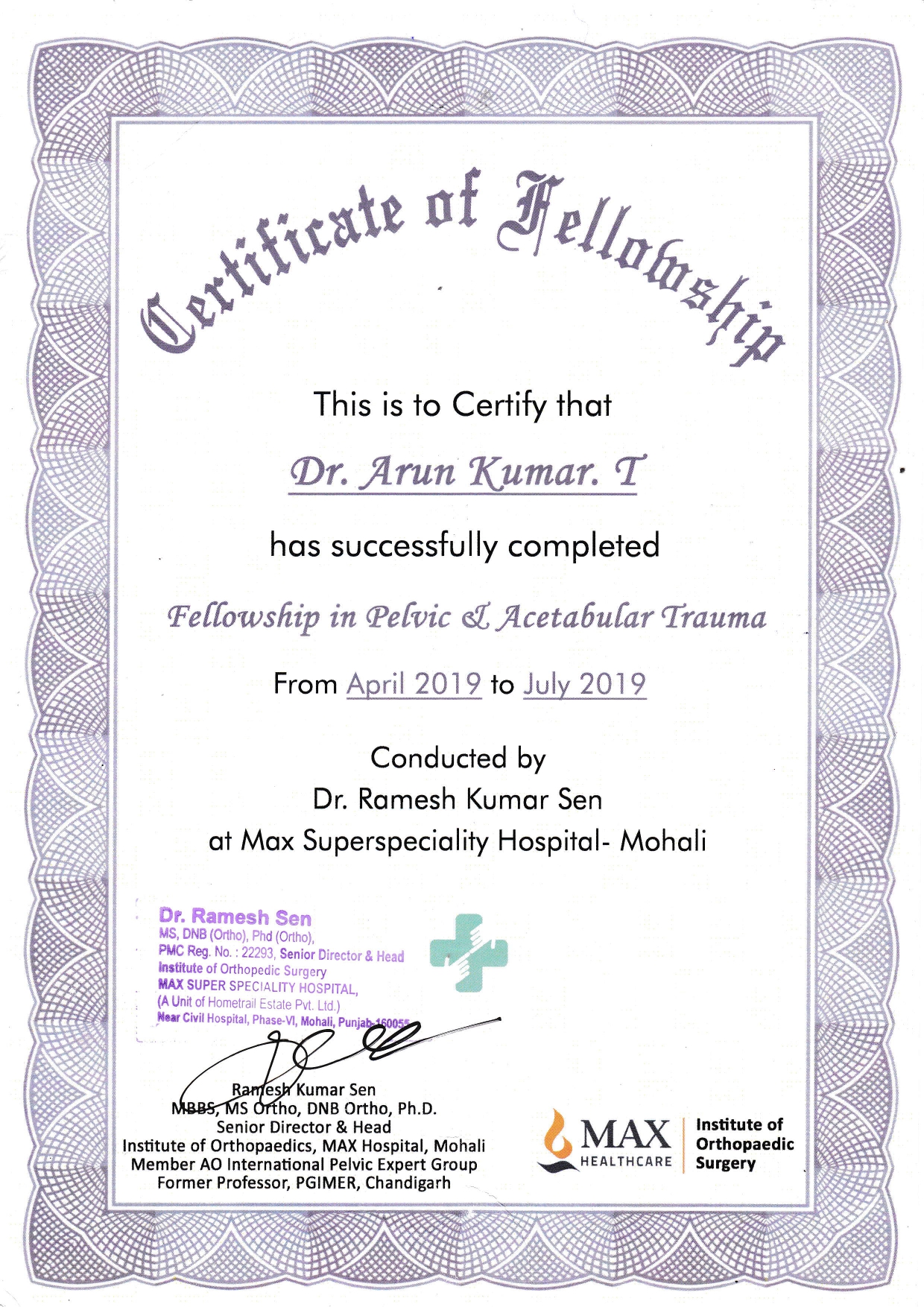 Fellowship certificate in orthopedics